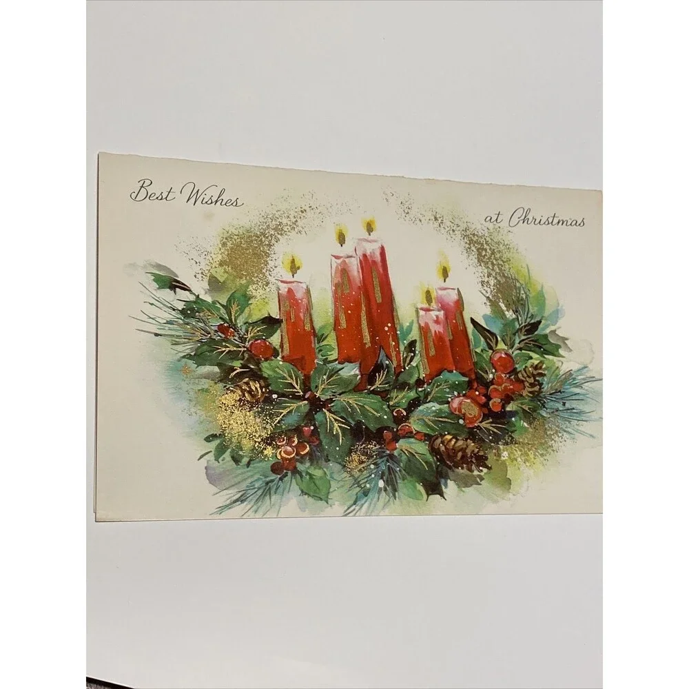Vintage WHITNEY Christmas Card Holiday Candle W Holly Berry Pinecone